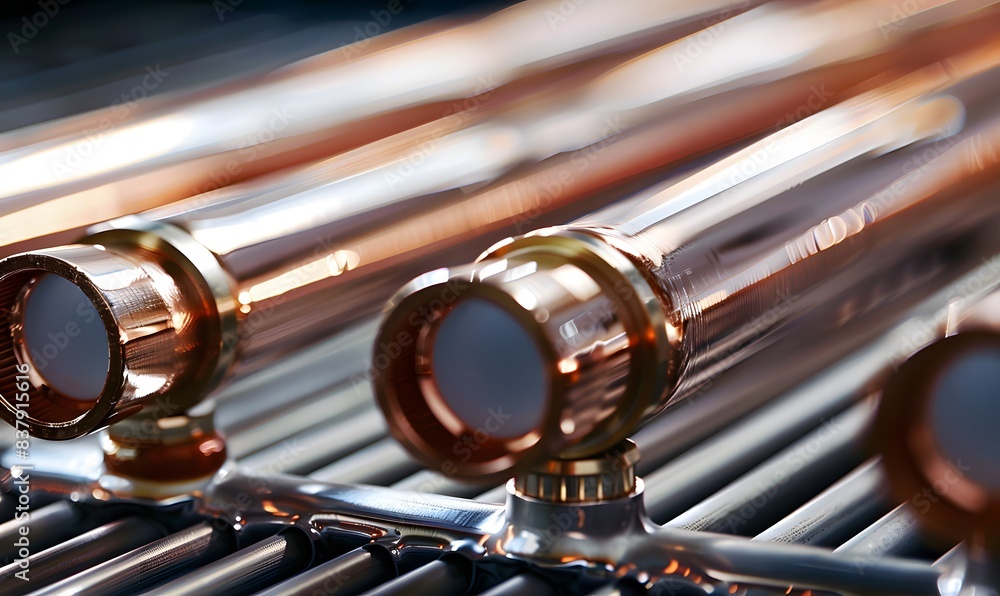 Naklejka premium Aluminum radiator with copper heat pipes close up isolated Clean copper tubing prepared , Generative AI