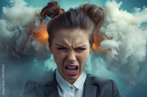 Stressed Businesswoman Screaming in Anger with Explosive Smoke Effect