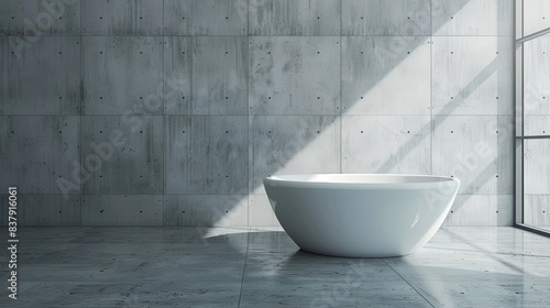 Modern bathroom with bathtub and grey wall tiles. Minimalist interior design of modern home bathroom  front view. White double sunken tub in the center.