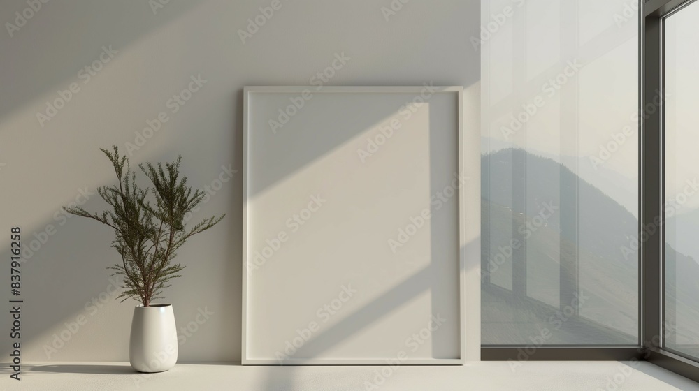 Frame mockup, poster frame standing by the window Frame mockup, poster frame standing by the window