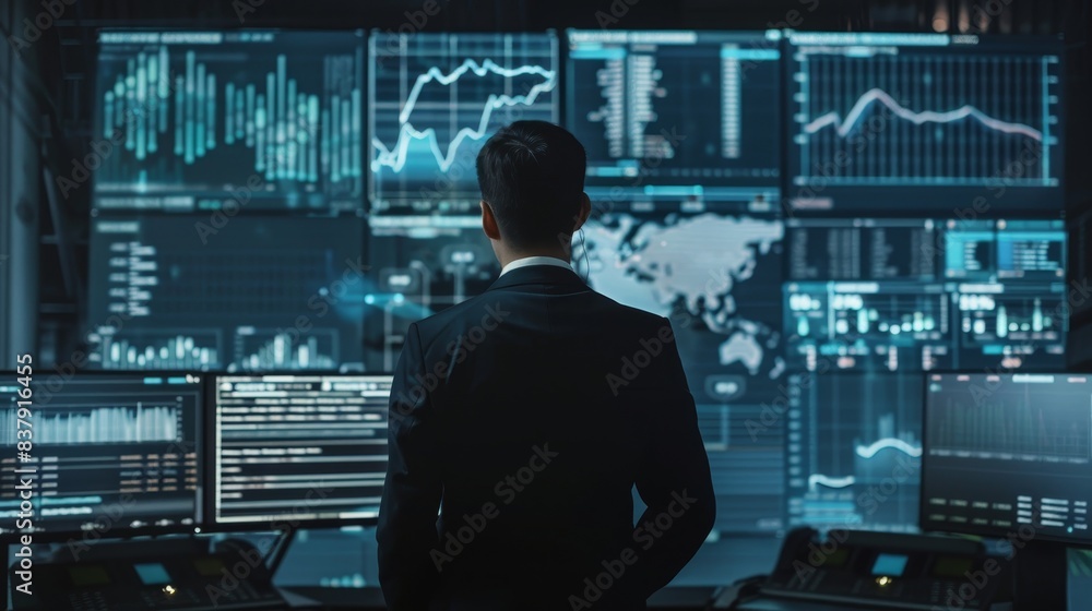 Dynamic Data Dive Businessman Deciphering Market Trends on Digital Screen for Strategic Investment Analysis Dynamic Data Dive Businessman Deciphering Market Trends on Digital Screen for Strategic Investment Analysis