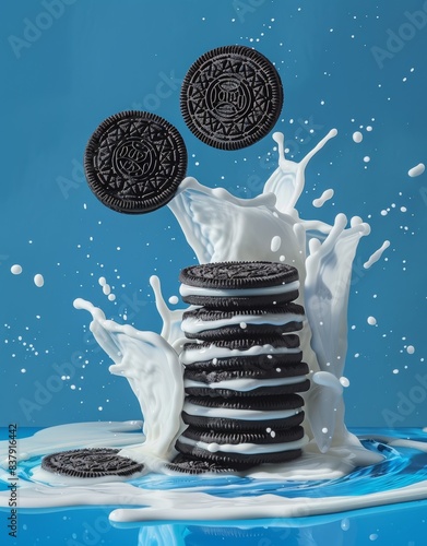 Delicious stack of Oreo cookies with splashing milk against a blue background