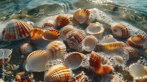 Seashells on waters edge, top view. Generative AI.