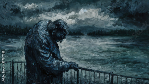 Elderly man wearing a thick winter coat overwhelmed by loss and hopelessness, hunched shoulders and a downcast face with crippling dark and gloomy depression. photo