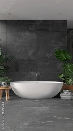 Modern bathroom with bathtub and grey wall tiles. Minimalist interior design of modern home bathroom  front view. White double sunken tub in the center.