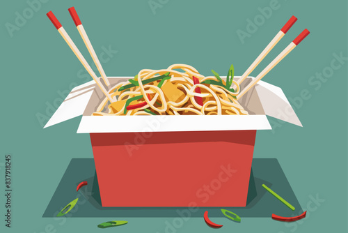 Noodles in a box on a blue background. Asian food.