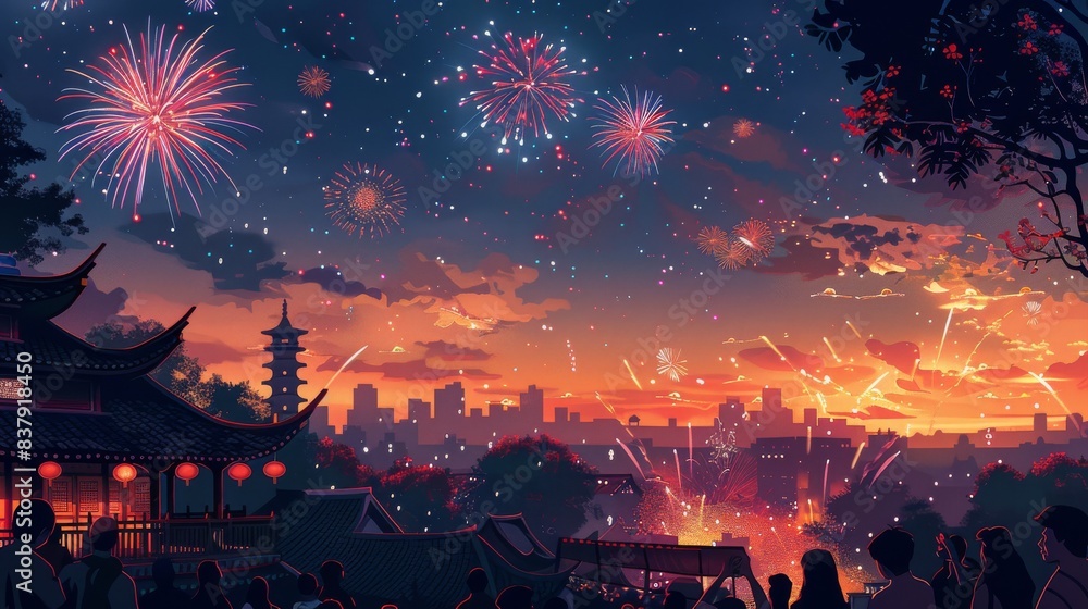 Fototapeta premium Cartoon vector a crowd gathered for a fireworks display on Indonesia Independence Day Generative AI