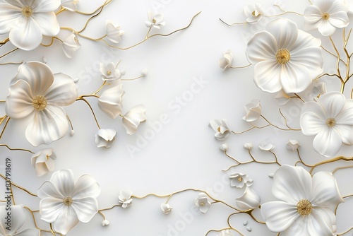 white flowers in 3d wallpaper, golden vines and leaves on the edges, white background. white wall, white petals. large area of blank space in the center for text or logo. generative AI © yj