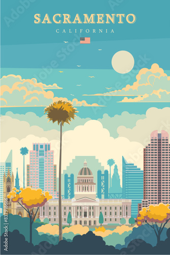 Sacramento city sunset vintage poster vector illustration, California.