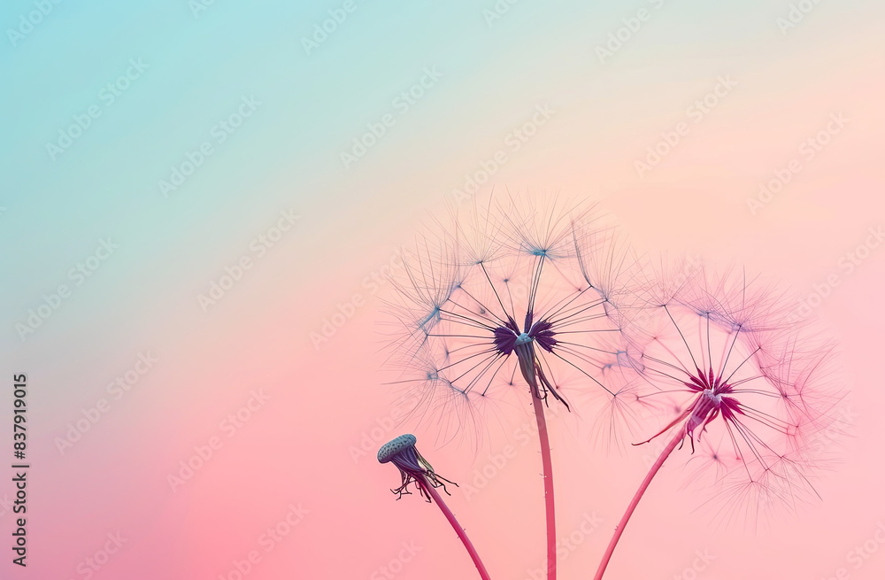 Dandelion Seed Macro on Pastel Sky Background with Wind and Light Silhouette Dandelion Seed Macro on Pastel Sky Background with Wind and Light Silhouette