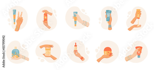 Hands hold sunscreen and uv protection product set, creative sun screen oil bottle in woman hand, flat isolated two finger rule with solar screen moisturizer container and spf cream pack.