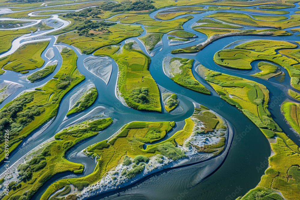 Aerial view of a river delta, capturing the intricate, abstract patterns formed by the waterways. Emphasize the natural lines and the interplay of light and shadow.