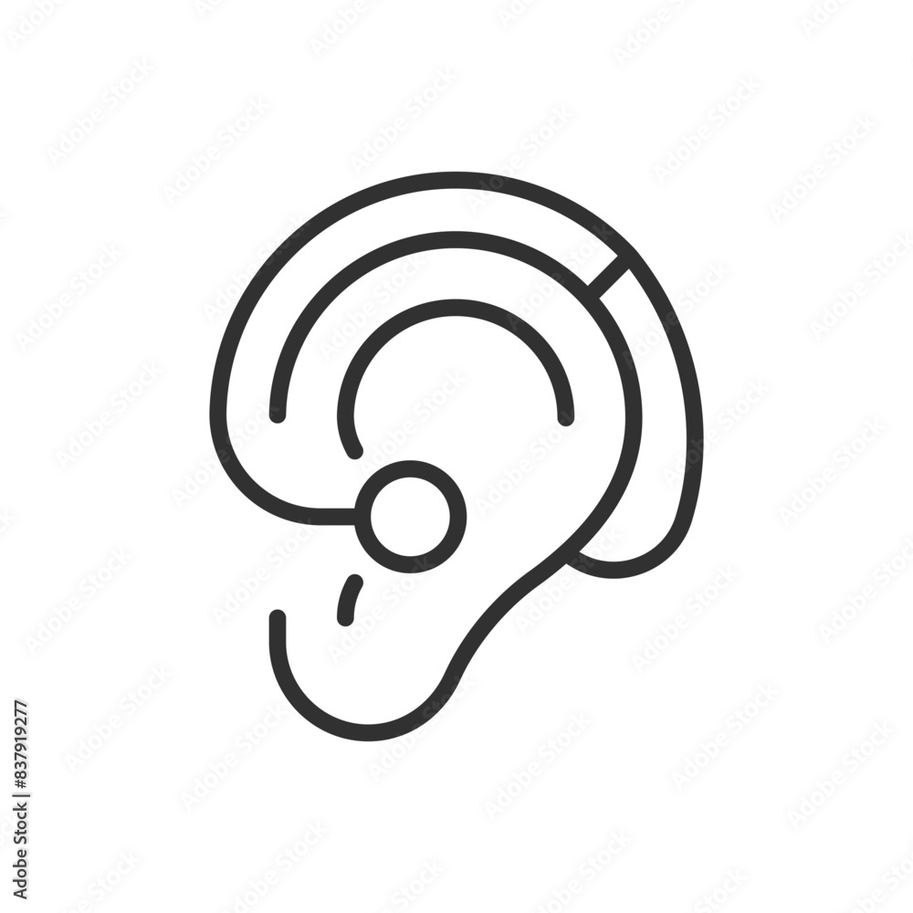 Hearing aid on the ear, linear icon. Line with editable stroke Hearing aid on the ear, linear icon. Line with editable stroke