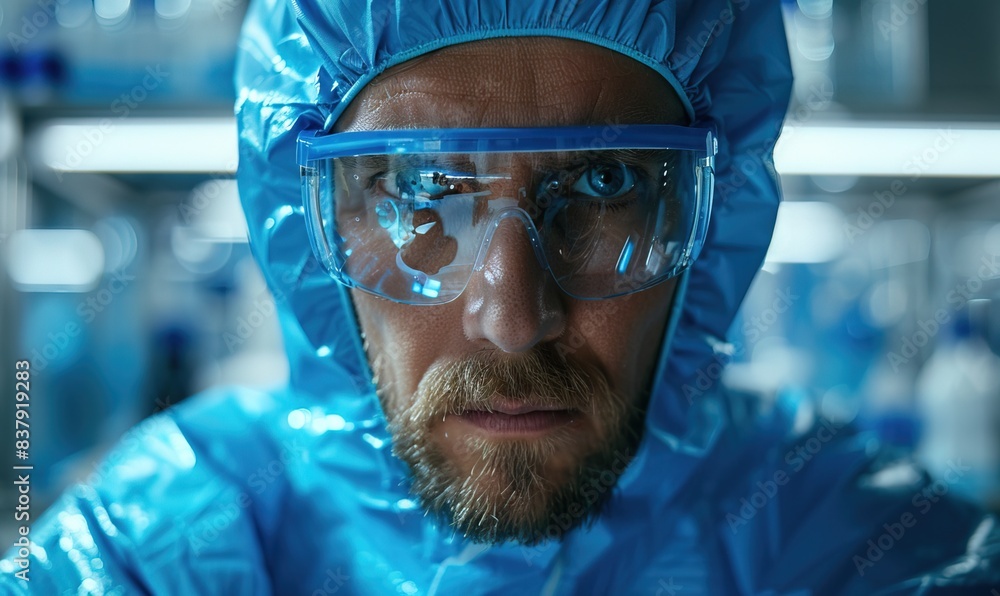 Confident healthcare scientist in blue biohazard suit and safety goggles standing in laboratory. AI Confident healthcare scientist in blue biohazard suit and safety goggles standing in laboratory. AI