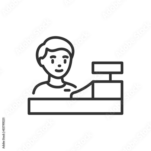 Store cashier behind the cash register, linear icon. Line with editable stroke