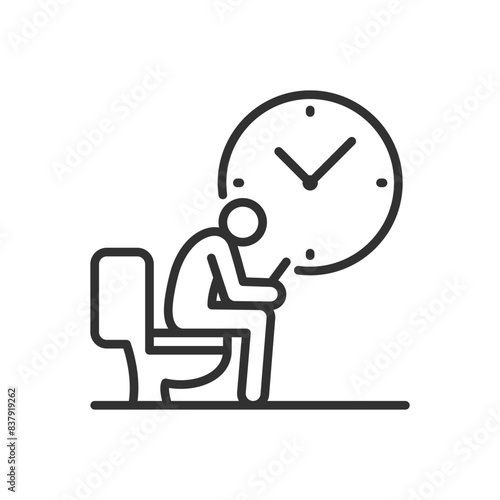 Sitting on the toilet for a long time is unhealthy, linear icon. A person with a smartphone sitting on the toilet for a long time. Constipation. Line with editable stroke