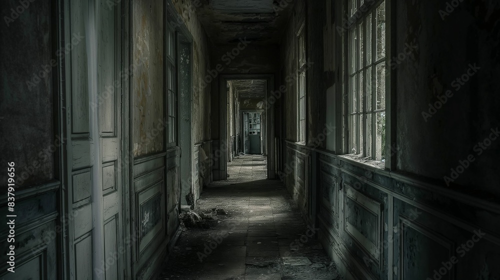 Decaying corridor of an abandoned building with natural light from windows. Decaying corridor of an abandoned building with natural light from windows.