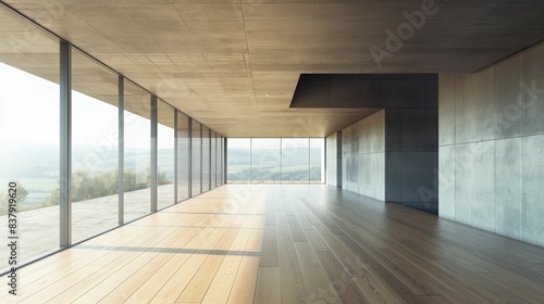 Empty concrete interior with panoramic windows.