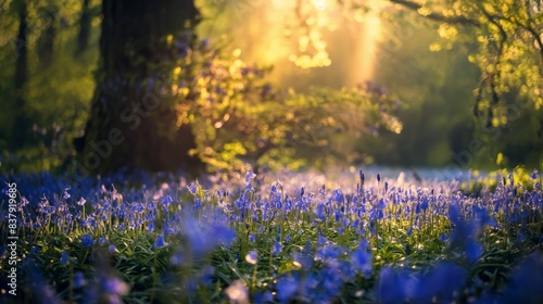 Bluebell flowers blooming in forest at sunrise with soft focus and sunlight.