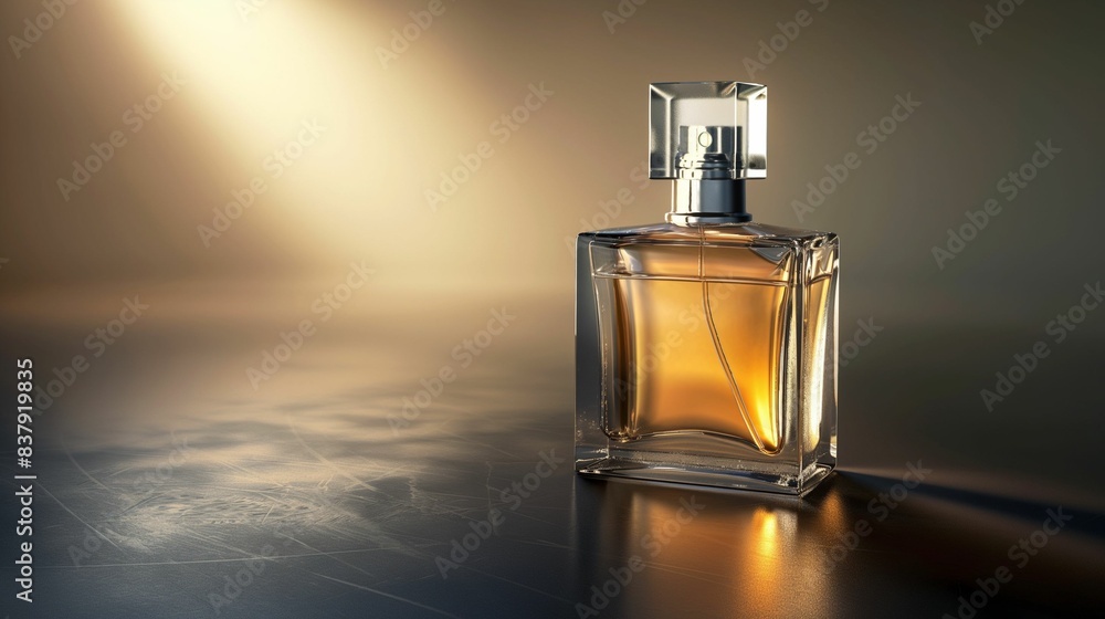 Minimalistic perfume bottle on a dark reflective surface. Minimalistic perfume bottle on a dark reflective surface.