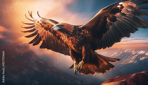 A majestic eagle soaring over a dramatic mountain landscape, illuminated by warm sunlight. The powerful wings and intense gaze of the eagle, combined with the stunning scenery.