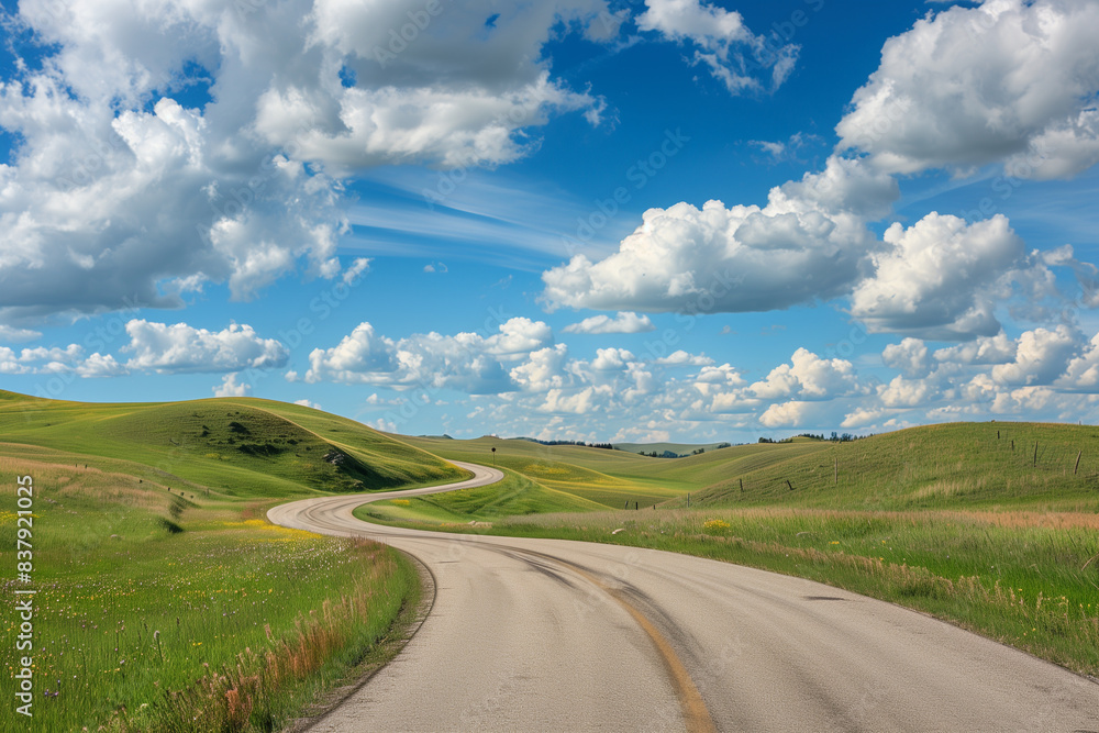 Endless Horizon: Empty Asphalt Road Through Rolling Hills Under Majestic Sky - Concept of Freedom and New Beginnings