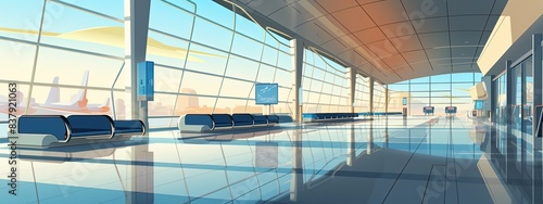 Interior inside the airport building. Cartoon illustration.