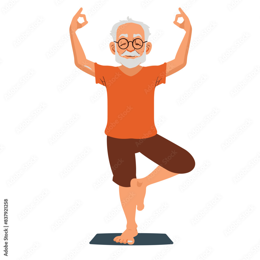 Elderly male character practicing yoga, balancing Tree Pose yoga mat, healthy active lifestyle. Senior man white beard glasses doing yoga, maintaining fitness wellbeing. Cartoon senior male orange Elderly male character practicing yoga, balancing Tree Pose yoga mat, healthy active lifestyle. Senior man white beard glasses doing yoga, maintaining fitness wellbeing. Cartoon senior male orange