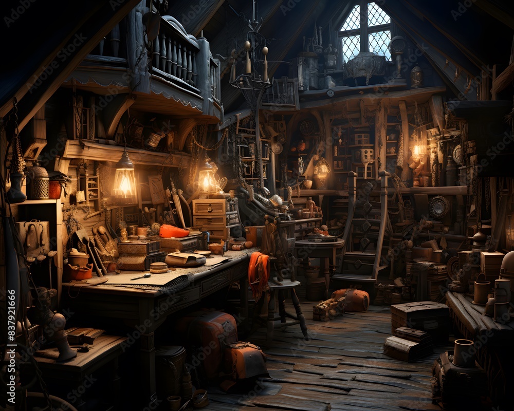 Old wooden workshop with tools and other objects. 3D rendering.