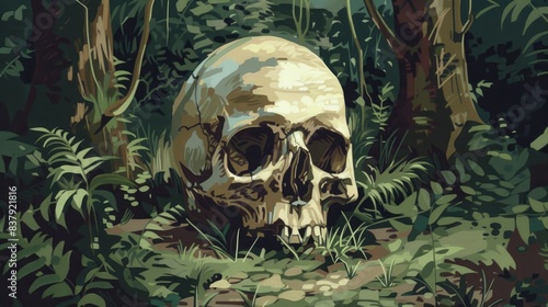 Human skull in forest illustration