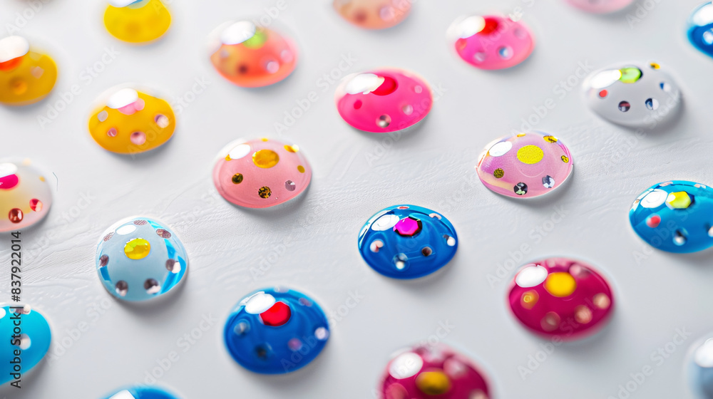 Artificial nails with colorful polka dots and glitter accents. The variety of bright and pastel colors creates a fun and whimsical feel, perfect for beauty and lifestyle themes Artificial nails with colorful polka dots and glitter accents. The variety of bright and pastel colors creates a fun and whimsical feel, perfect for beauty and lifestyle themes