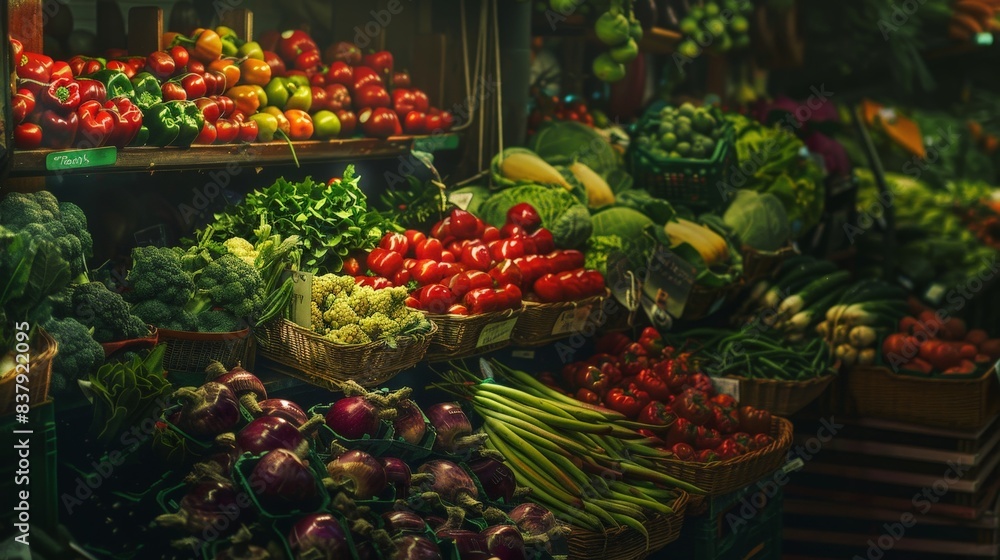 vibrant shot of a farmers market stall filled with a variety of fresh produce vibrant shot of a farmers market stall filled with a variety of fresh produce