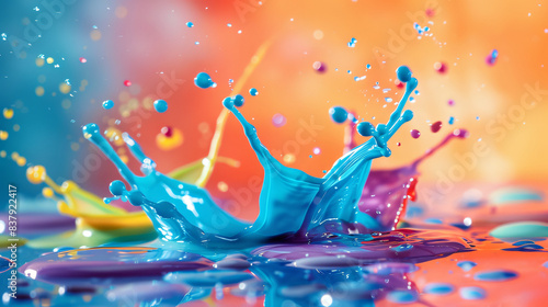 Multiple paint splashes in blue, purple, and yellow, frozen in mid-air. The vibrant colors and energetic motion create a visually striking and artistic composition, suitable for creative advertising.