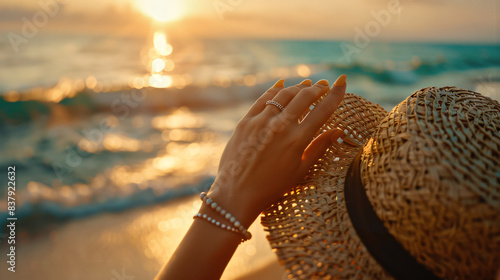 Woman's hand adjusting a sun hat, with the sun setting over the ocean. The elegant jewelry and soft lighting emphasize a calm and stylish atmosphere, perfect for fashion and travel marketing