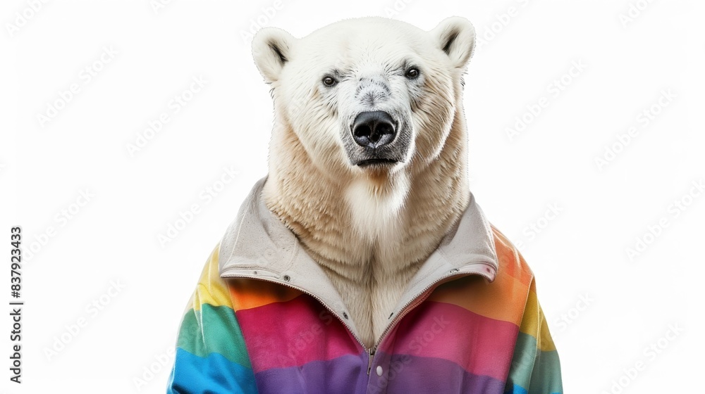 A polar bear wearing a shirt pride color isolated on white background, animal fashion concept for designer A polar bear wearing a shirt pride color isolated on white background, animal fashion concept for designer