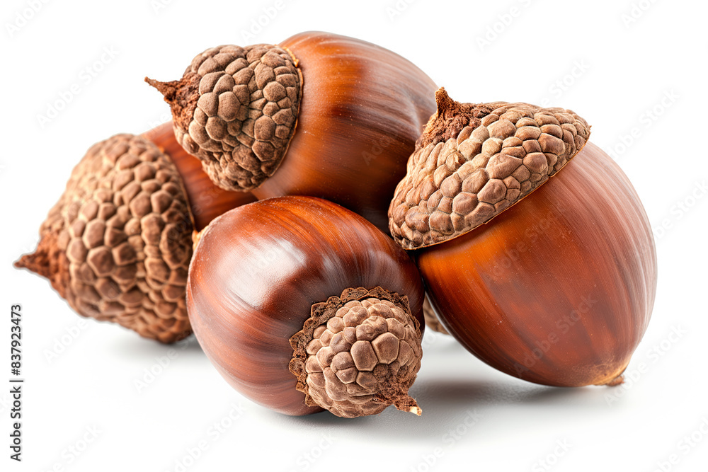 Close-up of shelled and unshelled Acorn nuts isolated on a white background, showcasing their texture Close-up of shelled and unshelled Acorn nuts isolated on a white background, showcasing their texture