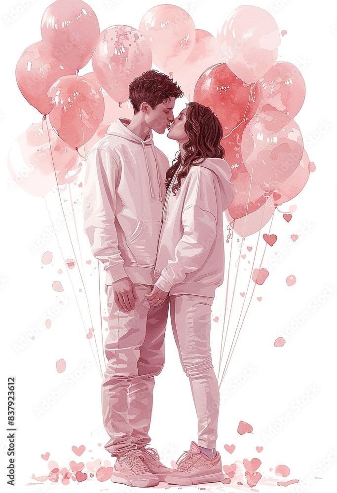 watercolor illustration of a couple kissing in casual clothes, all in pink tones watercolor illustration of a couple kissing in casual clothes, all in pink tones
