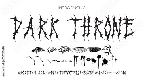 Darkthrone melodic cold death metal font. Typography typeface uppercase lowercase and number. Vector illustration