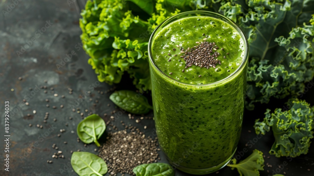 Freshly prepared green smoothie in a glass, surrounded by fresh spinach, kale, and chia seeds, vibrant and inviting Freshly prepared green smoothie in a glass, surrounded by fresh spinach, kale, and chia seeds, vibrant and inviting