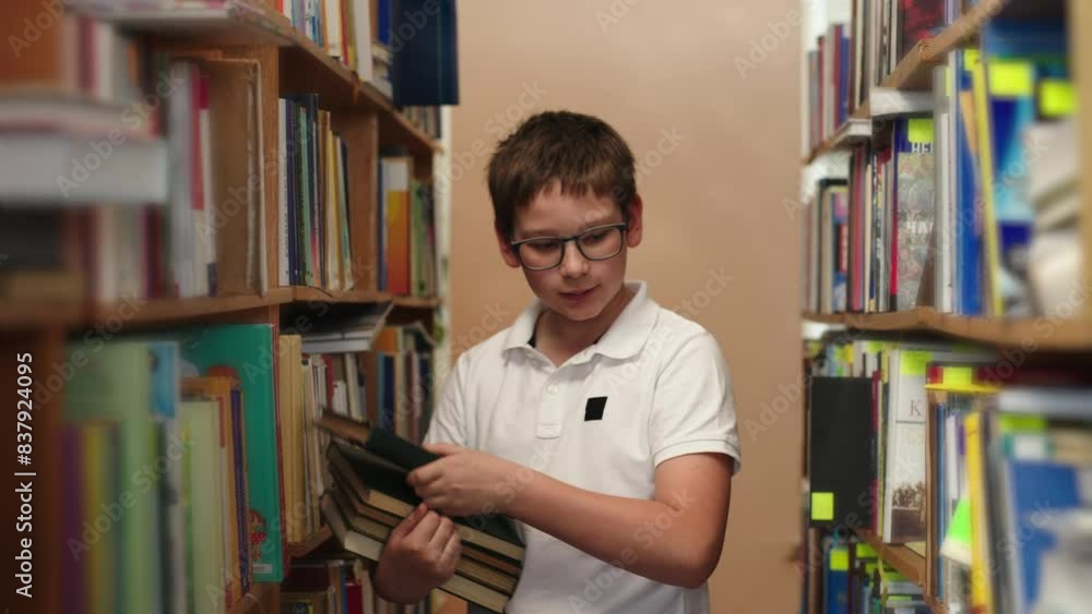 Cute little student boy in the library near the shelves with books. Concept of education, science and learning. Cute little student boy in the library near the shelves with books. Concept of education, science and learning.