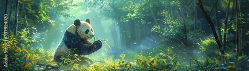 Illustration of a panda in a bamboo forest with a conservationist feeding it Green, serene environment Detailed and calming photo