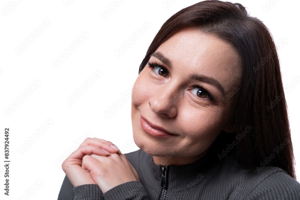 Happy young stylish woman with black hair smiling on white background Happy young stylish woman with black hair smiling on white background