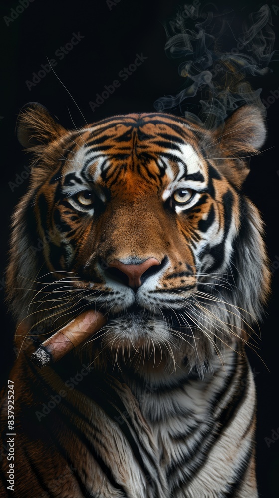 Fototapeta premium Tiger smoking cigar on black background
