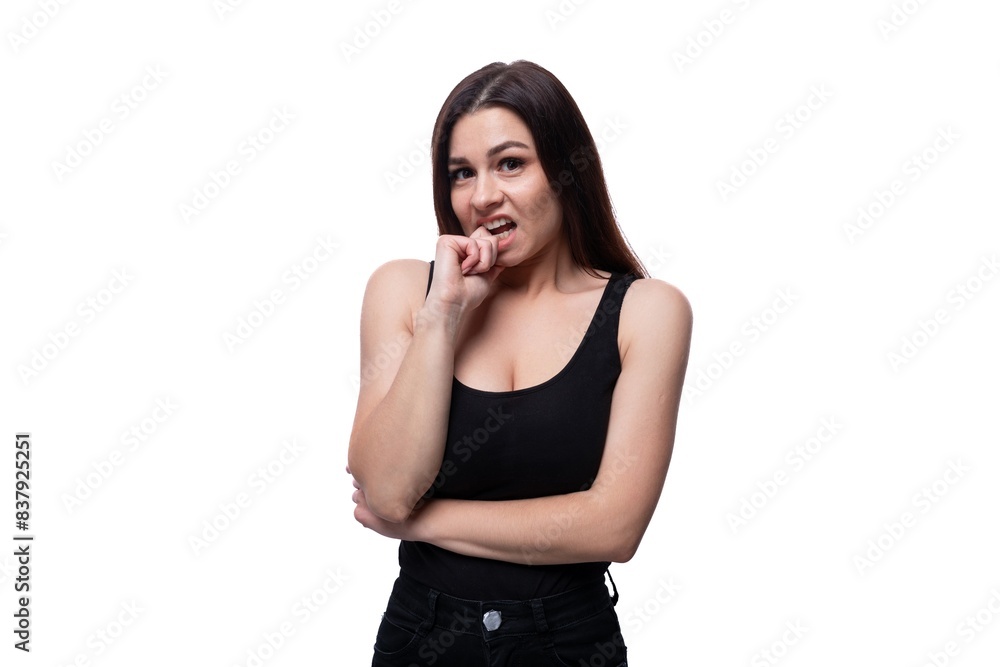 Caucasian cute young woman with black hair on white background Caucasian cute young woman with black hair on white background