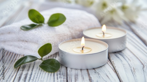 candles and towels elegantly arranged on a white wooden table against a soft  light background  with ample copy space available for text placement  creating a serene and inviting ambiance.