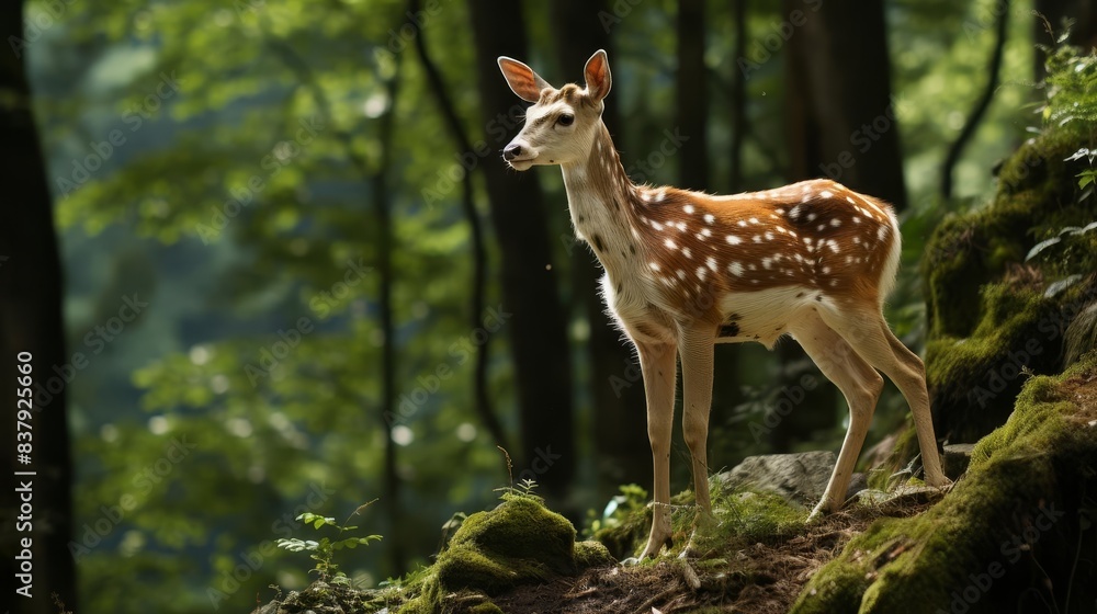 A piebald deer with patches of white and brown fur, standing alert in a forest. A piebald deer with patches of white and brown fur, standing alert in a forest.