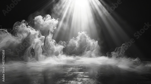 Enveloping fog and smoke clouds, with a single spotlight creating a dynamic mist texture on the floor photo
