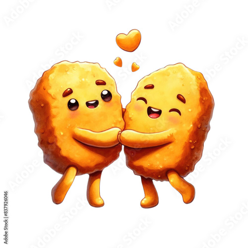 Two Chicken Nuggets characters are hugging each other happily 