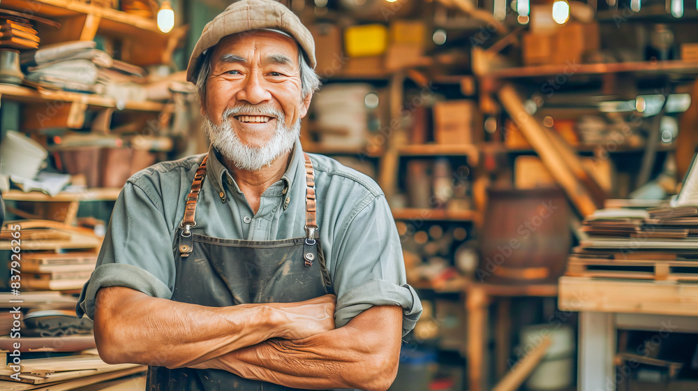 Joyful senior craftsman in workshop Joyful senior craftsman in workshop