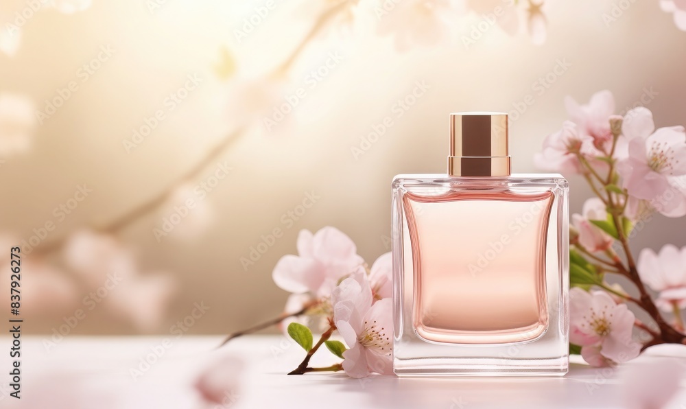 Perfume bottle mockup with fresh herbal accents Perfume bottle mockup with fresh herbal accents